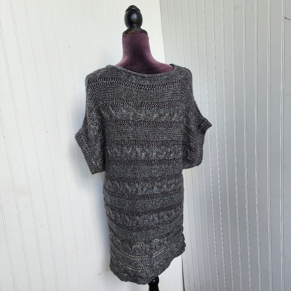 Express Brown Mohair Fuzzy Short Sleeved Metallic Thread Tunic Sweater Dress M - Picture 9 of 13